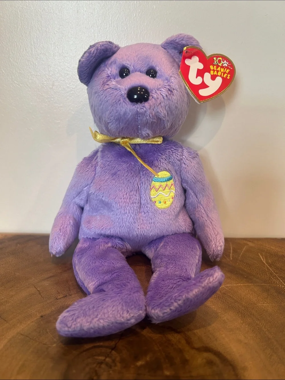 Ty Purple Beanie Baby Plush Bear with Gold Bow and Embroidered Egg